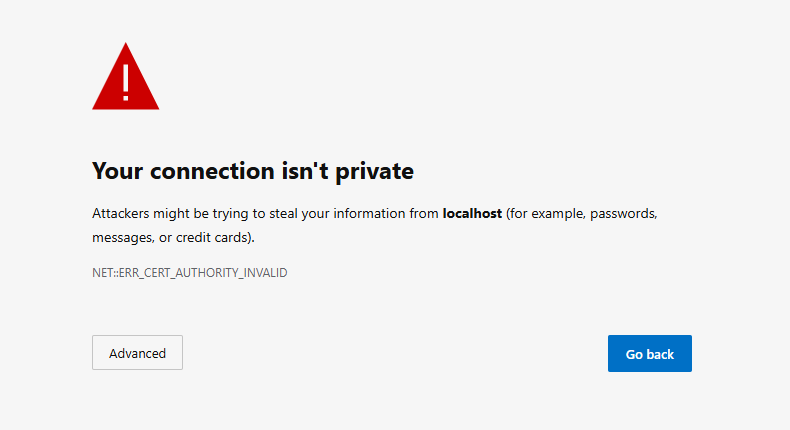 Avertismentul browserului pentru certificatul auto-semnat, la conexiunea HTTPS locală.